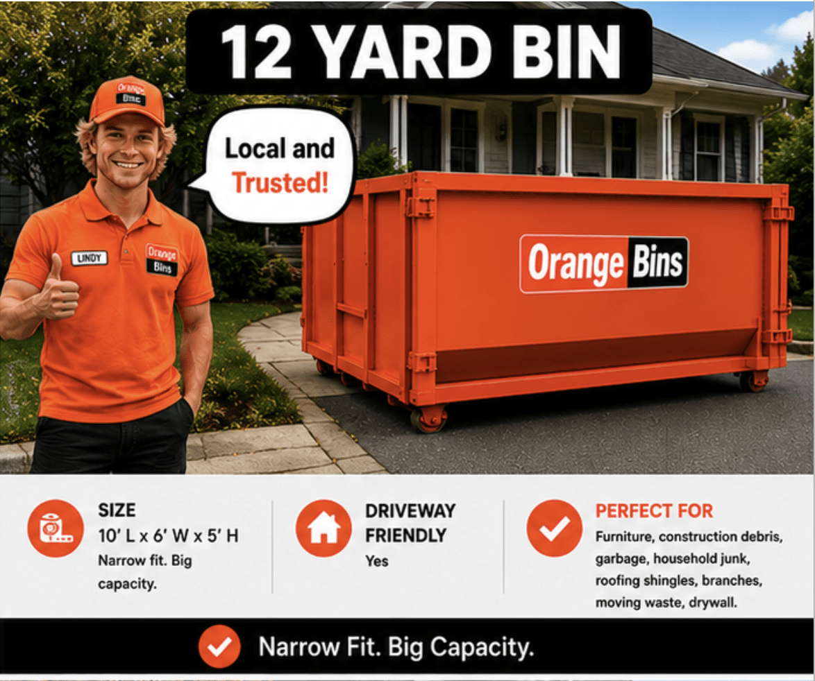 12-yard orange disposal bin for garbage waste rental in Vancouverer