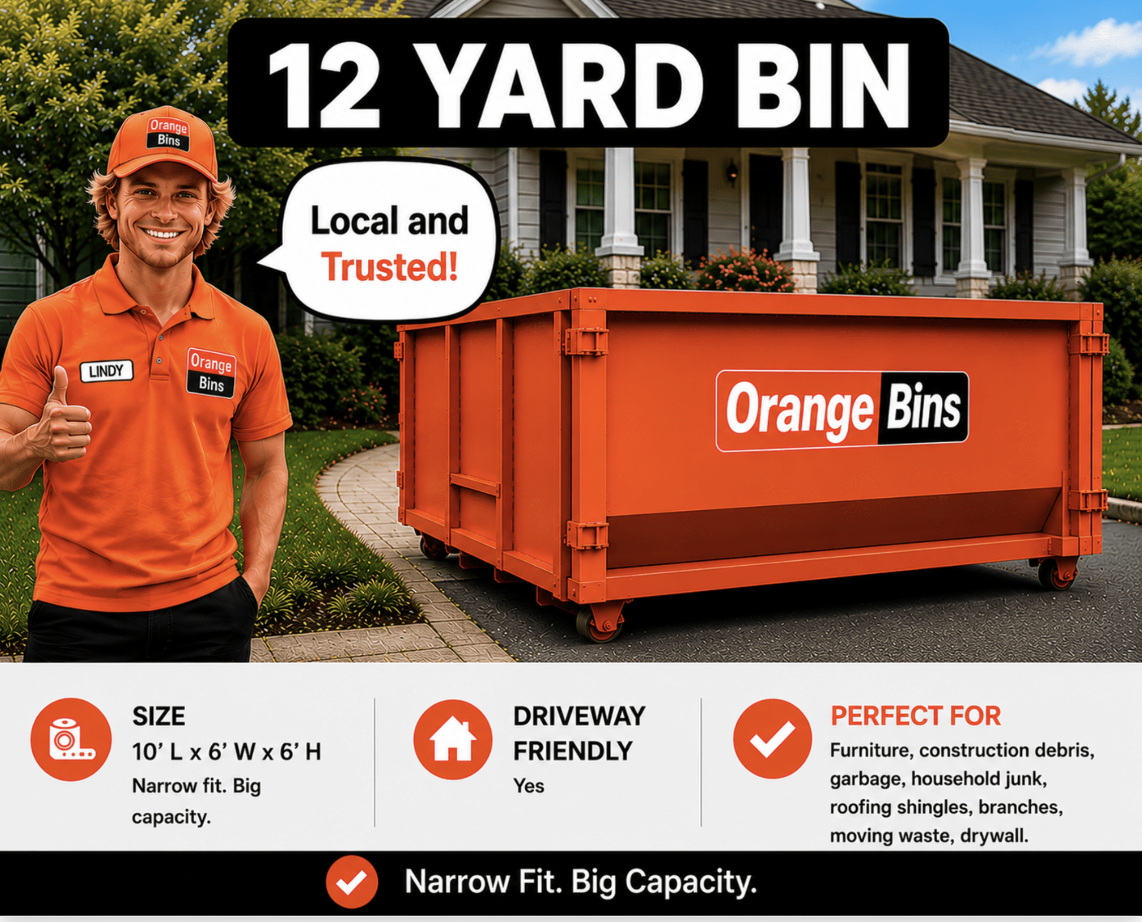 12-yard orange disposal bin for garbage waste rental in Vancouver