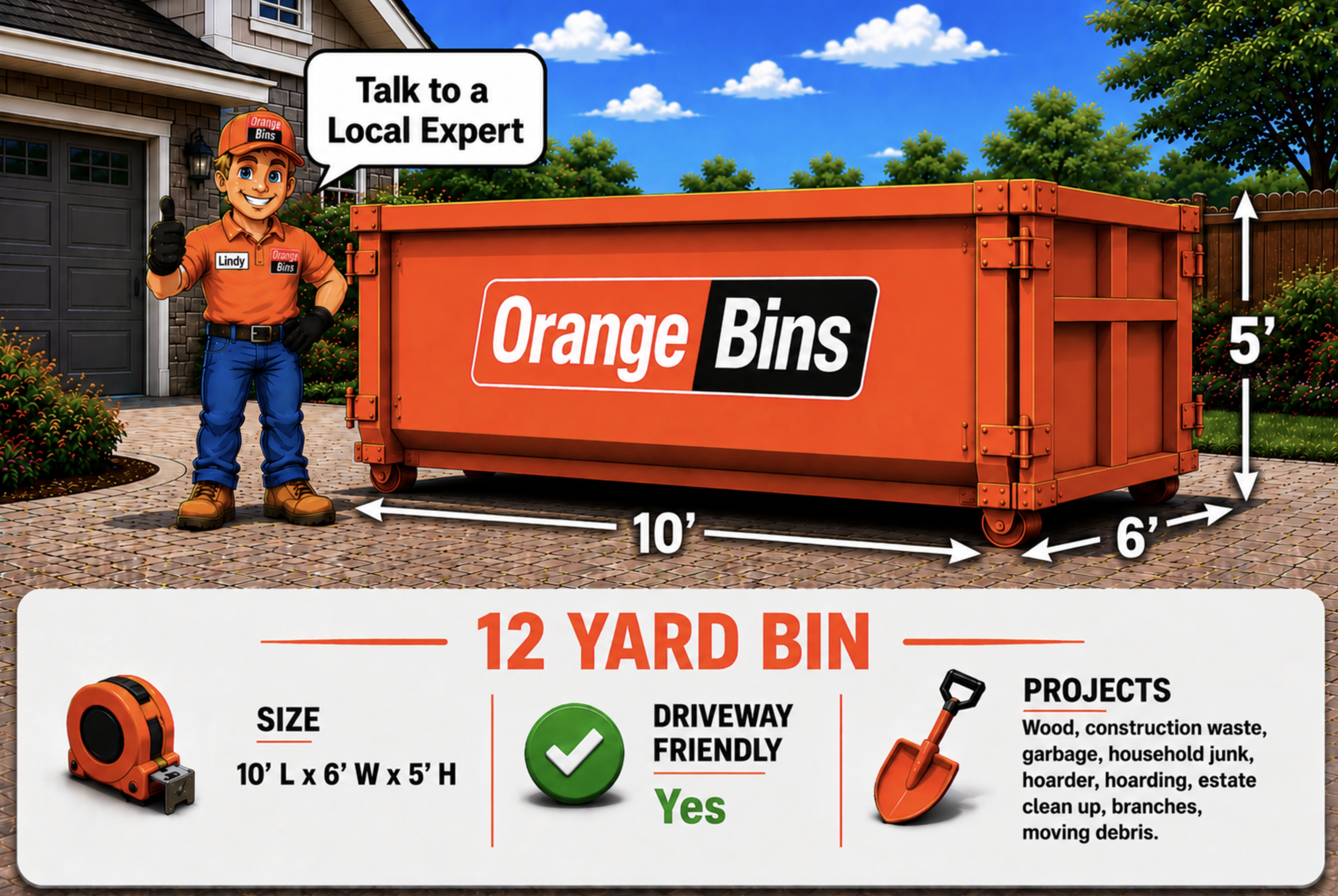 12-yard orange disposal bin for garbage waste rental in Vancouverer