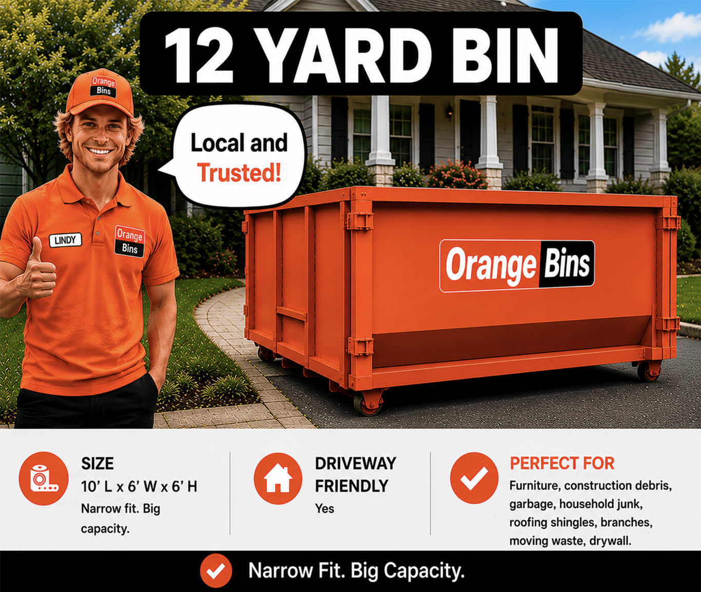 12-yard orange disposal bin for garbage waste rental in Vancouver