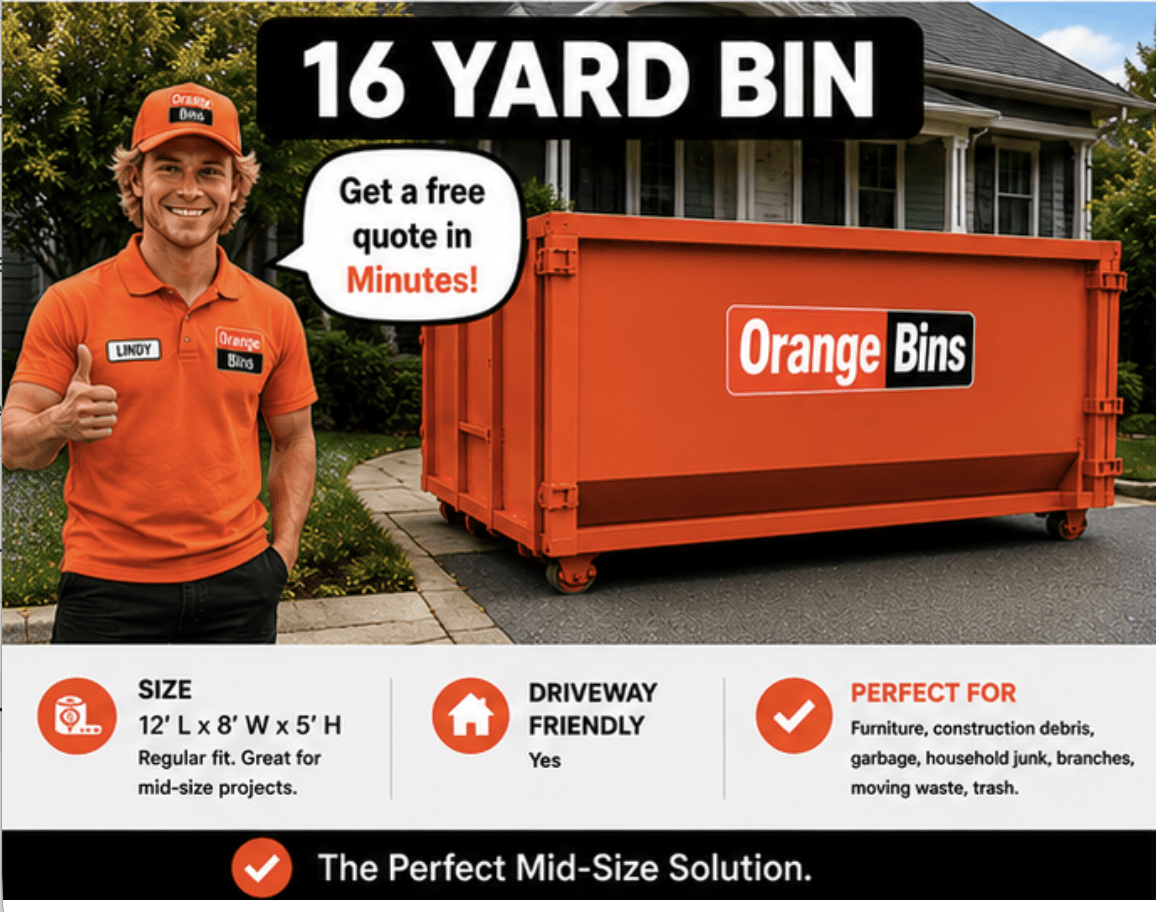 16 yard Orange disposal dumpster bin rental Vancouver 