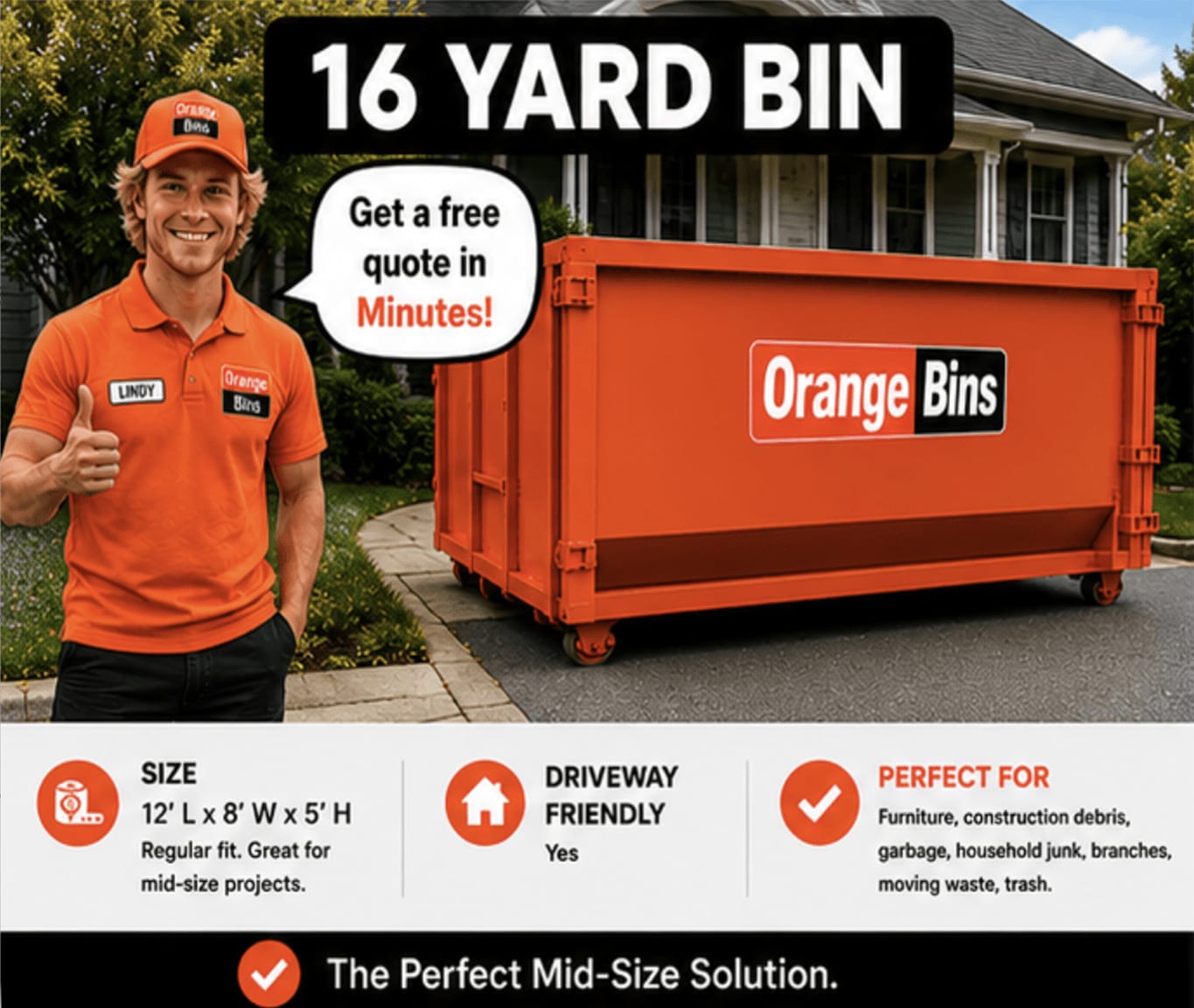 16-yard orange dumpster bin rental for household junk and renovation waste in Vancouver
