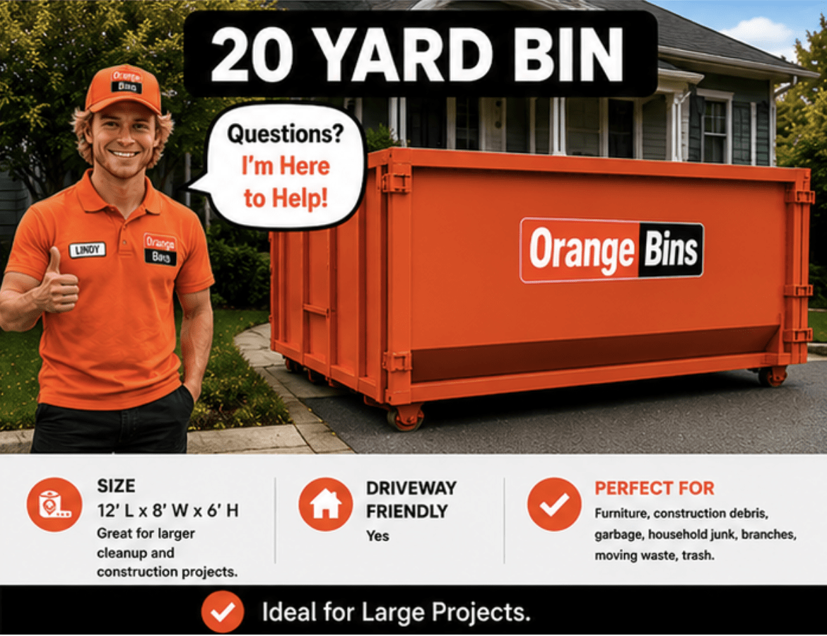 20 yard Orange dumpster disposal bin rental for garbage waste in Vancouver