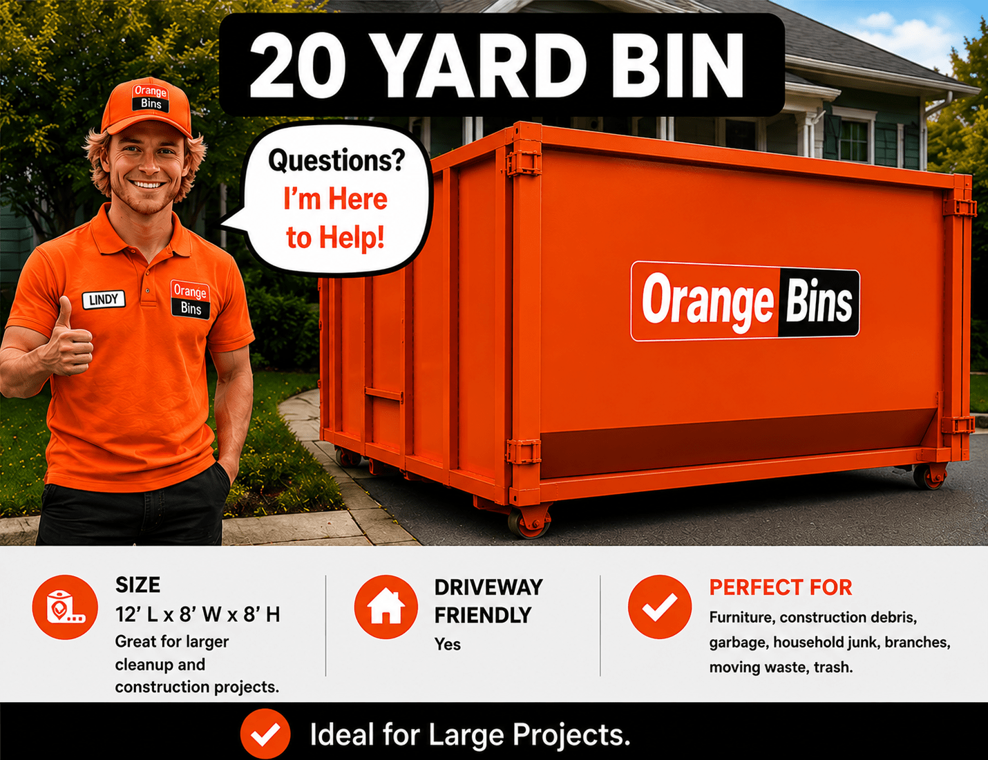 20-yard orange dumpster bin rental for large garbage, renovation and construction projects in Vancouver