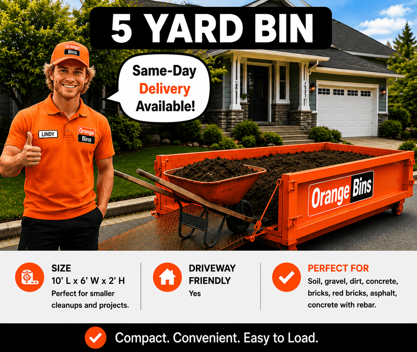5-yard orange disposal bin for concrete and dirt rental in Vancouver