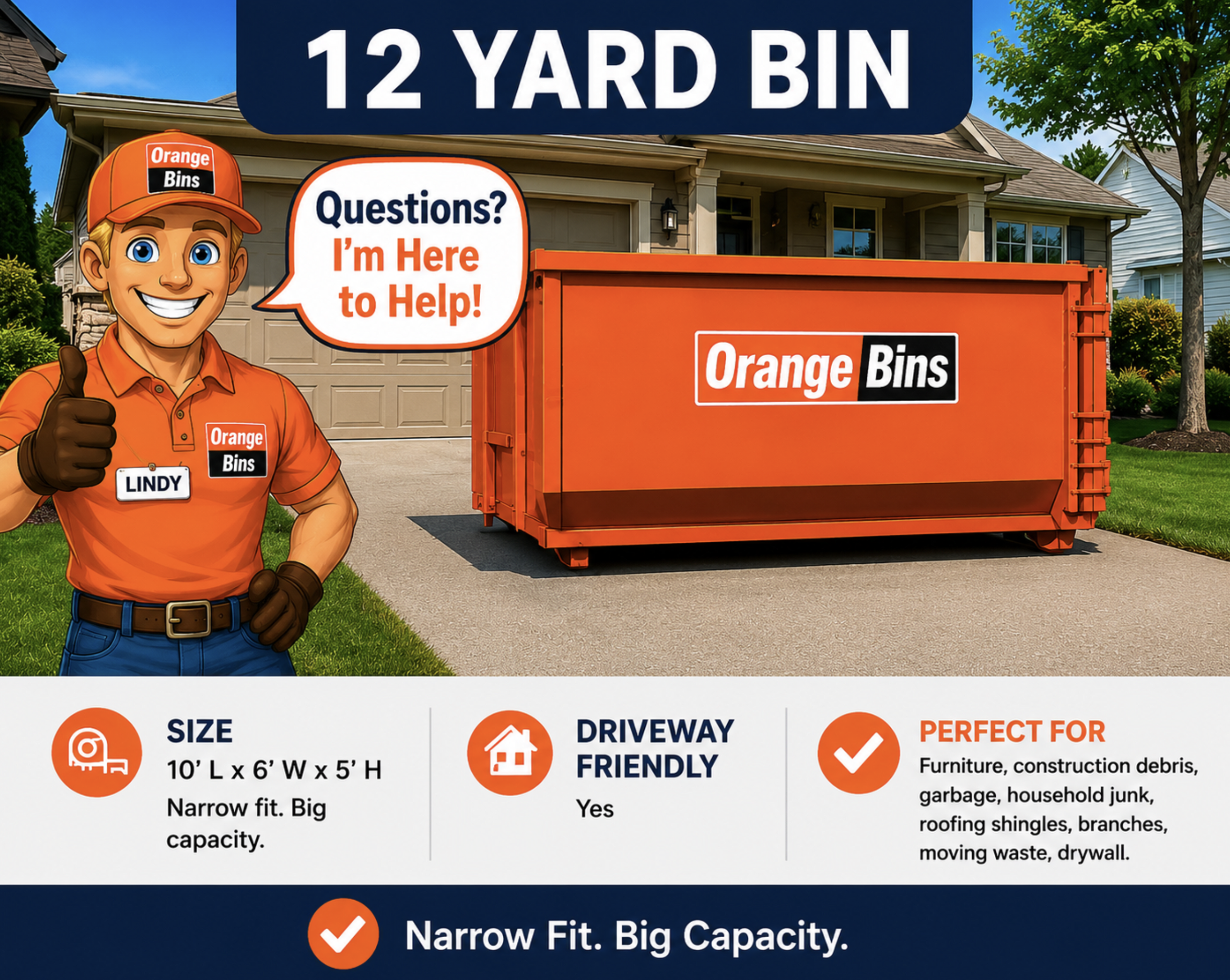 12-yard orange disposal bin for garbage waste rental in Vancouverer