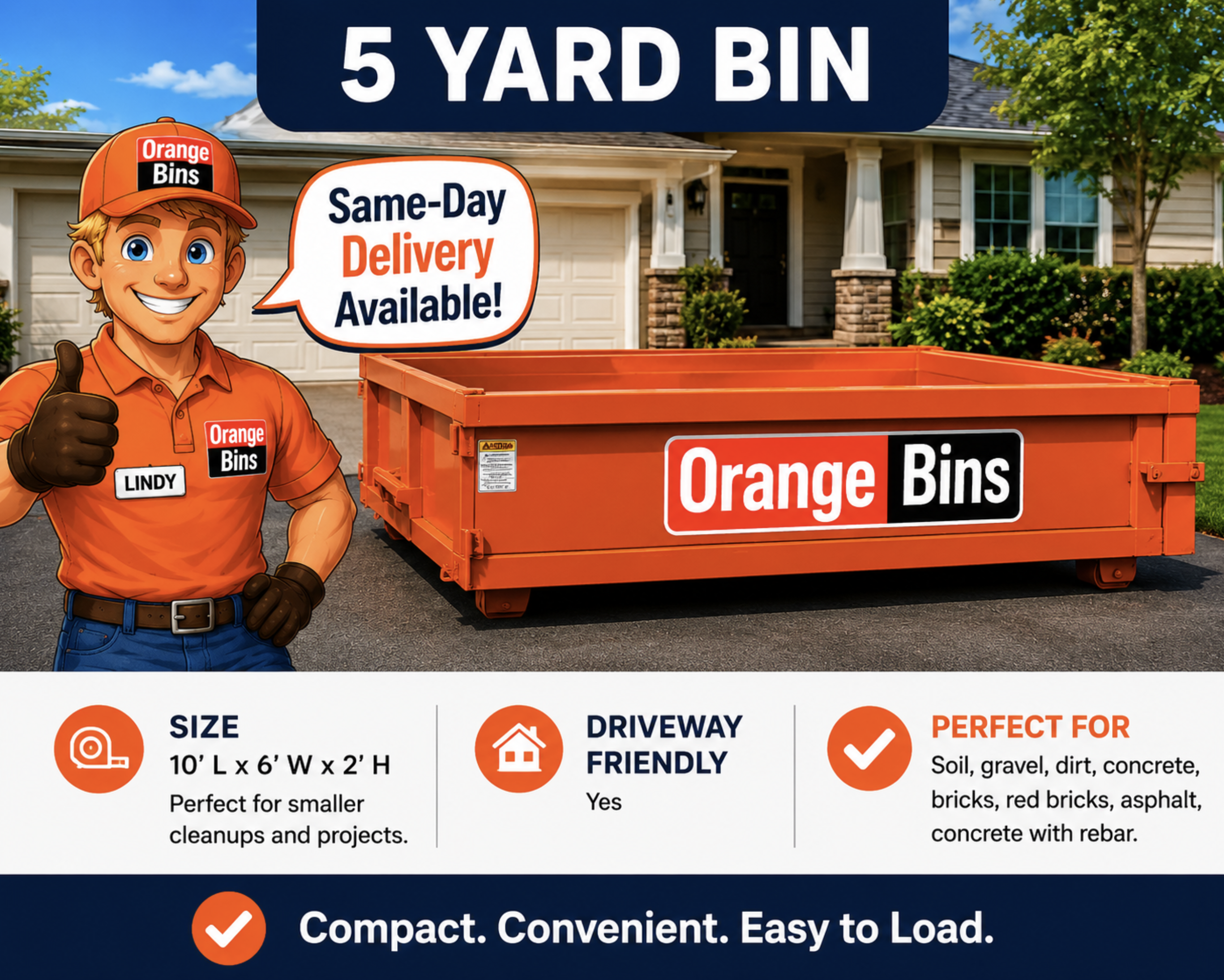 5-yard orange disposal bin for concrete and dirt rental in Vancouver