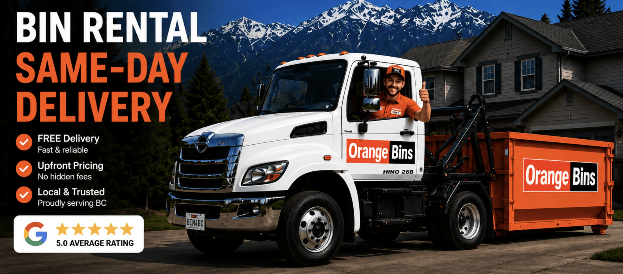 Orange Bins same-day bin rental truck delivering a disposal bin in Vancouver, BC.
