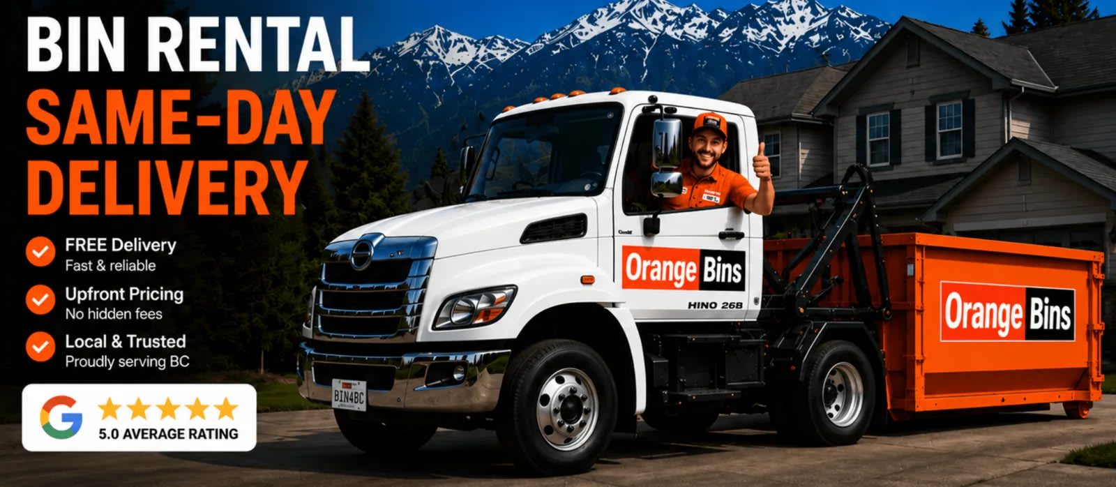 Orange Bins same-day bin rental truck delivering a disposal bin in Vancouver, BC.